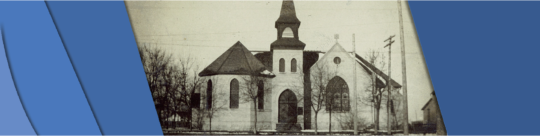 Mclean Ave Banner Photo of Knox Presbyterian Church. Made with bricks and high peaking A-Frame roofs.