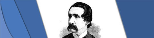 Morris Banner Drawing of Morris shown with a large mustache and hair swept to one side