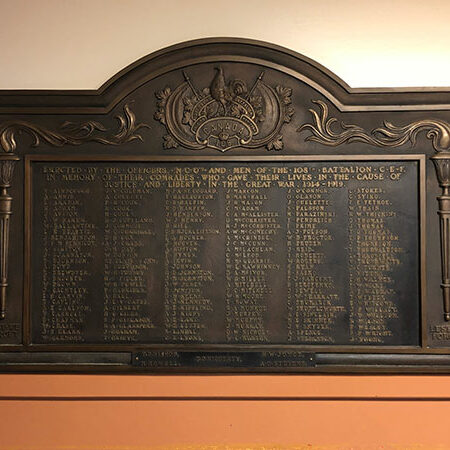 108 Battalion War Memorial, 2019, Gordon Goldsborough Bronze war memorial listing the names of the soldiers belonging to the 108th Battalion