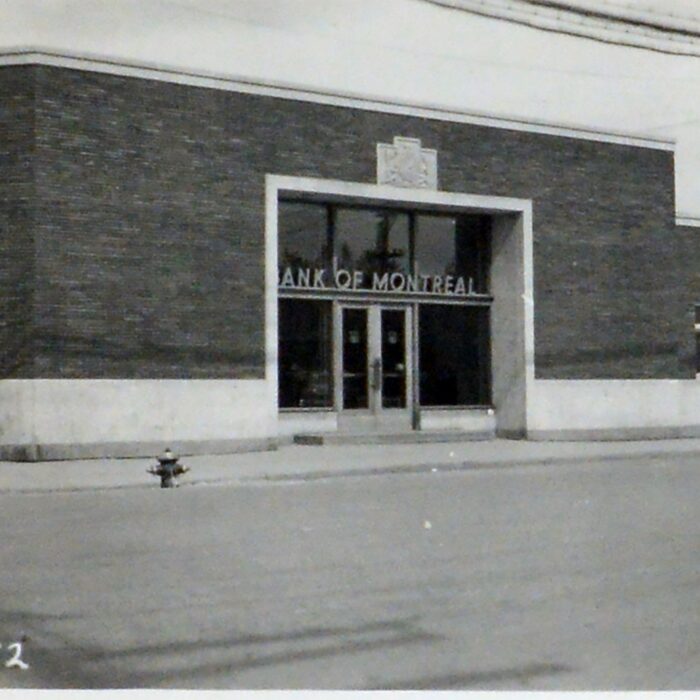 249 Manitoba Ave, Bank of Montreal, 1952, Archives of Manitoba, George Harris Fonds Black and white photo of the Bank of Montréal