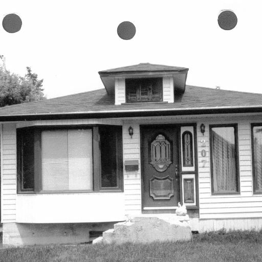 207 McLean Ave, Date Unknown, Selkirk Museum Collection A black and white image of a small house with a large window on the left and two smaller tall windows on the right. There is a small window at the peak of the roof