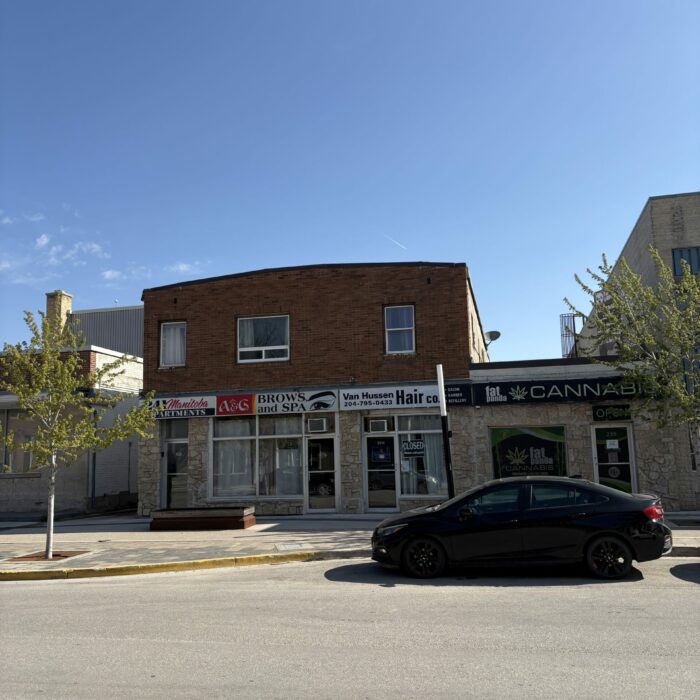 Colour photo of a brick building from across the street.