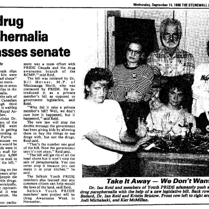 Page from a newspaper with a black and white image of a group of people with the headline reading "Anti-drug Paraphilia Bill Passes Senate".