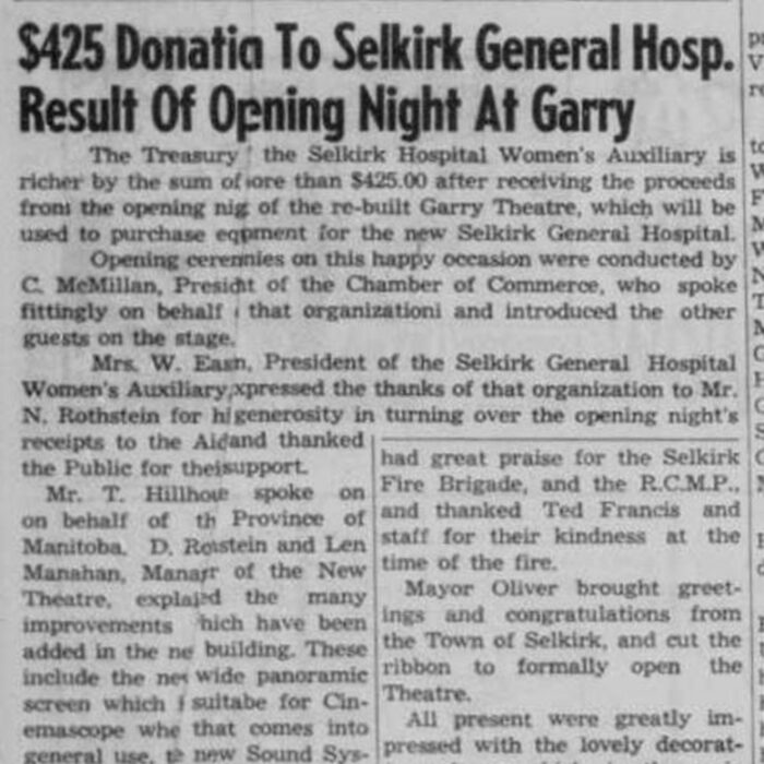 Newspaper article announcing the donation of 425$ from Garry theatre's opening night