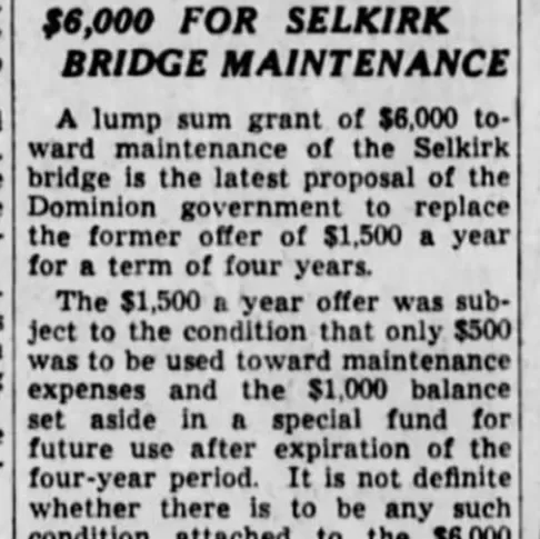 Dominion Offers $6000 For Selkirk Bridge Maintenance, 1937, Winnipeg Tribune Newspaper article titled dominion offers 6000$ for Selkirk bridge maintenance