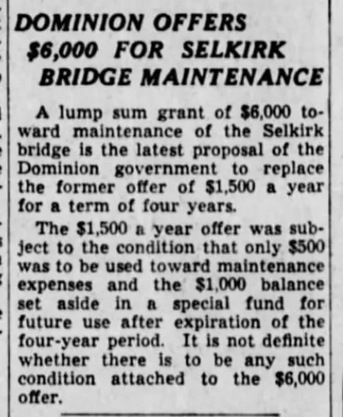 Dominion Offers $6000 For Selkirk Bridge Maintenance, 1937, Winnipeg Tribune