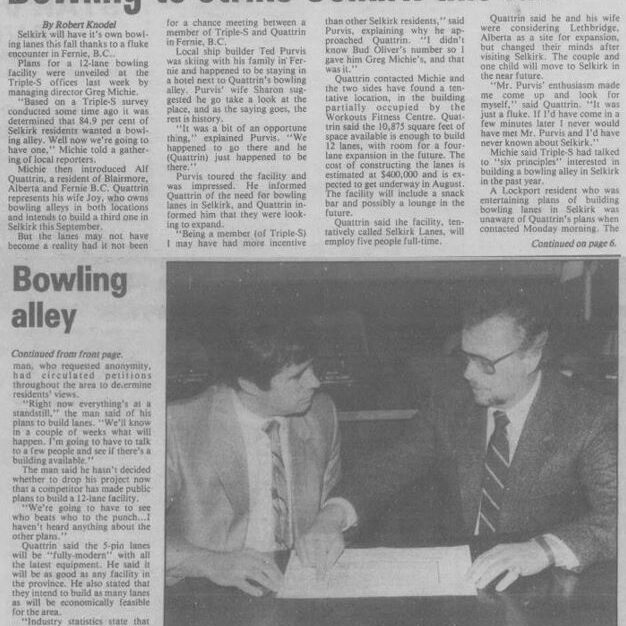 Bowling to Strike Selkirk this Fall, 1987, Selkirk Journal Newspaper article about a bowling alley coming to Selkirk