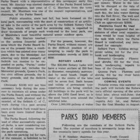 Selkirk Park Will Boom This Summer, 1958, Selkirk Enterprise Newspaper article explaining how the