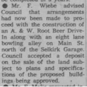 Proceeding with Construction on A&W and Bowling Alley, 1961, Selkirk Enterprise Newspaper article about proceeding with construction of A&W and a eight lane bowling alley