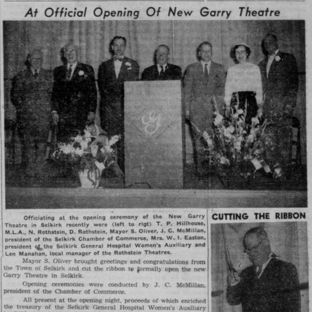 Newspaper article with large black and white photo of the Garry theatre management and cutting the ribbon of the new Garry theatre