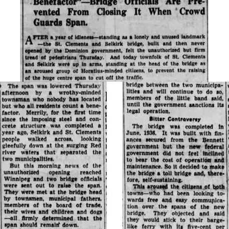 Span of Selkirk Bridge Lowered 'Unofficially' Townfolk Keep it Open, 1937, Winnipeg Tribune Newspaper article titled span of Selkirk bridge lowered unofficially; townfolk keep it open