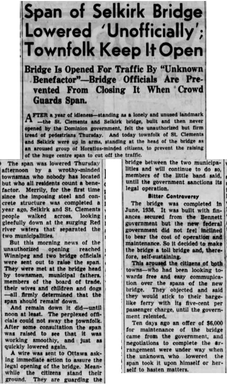Span of Selkirk Bridge Lowered 'Unofficially' Townfolk Keep it Open, 1937, Winnipeg Tribune