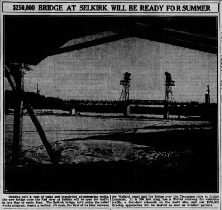 $250,000 Bridge at Selkirk Will be Ready For Summer, 1936, Winnipeg Tribune
