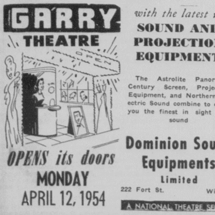 Letter with a comic and announcement of Garry theatre opening with newest equipment