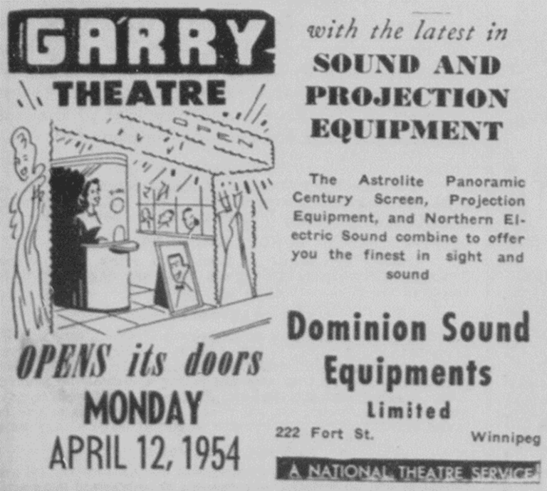 Advertisement for opening night at the Garry Theatre.