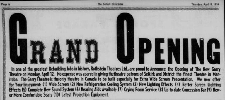 Grand opening advertisement for the Garry Theatre in 1954.