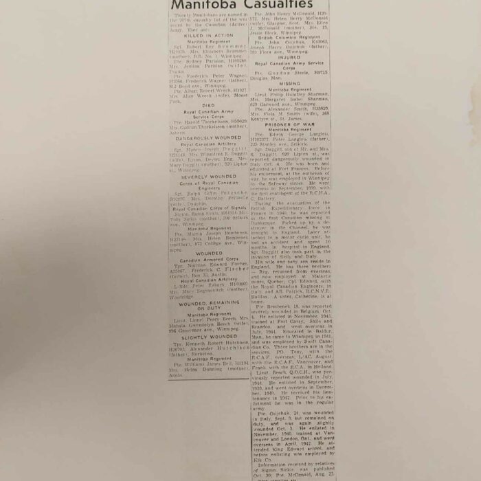 Army Lists Twenty Manitoba Casualties, 1944, The Winnipeg Evening Tribune Newspaper article titled Army lists twenty Manitoba casualties
