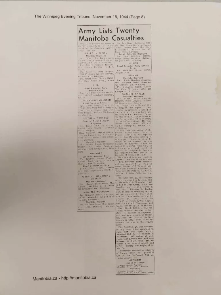 Army Lists Twenty Manitoba Casualties, 1944, The Winnipeg Evening Tribune
