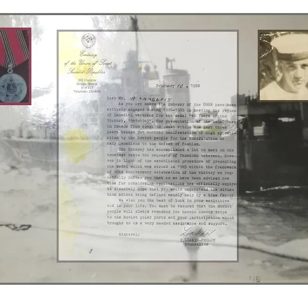 Art's Recognition of Service Escorting Firefighters at the End of the War On Old British Corvettes, Date Unknown, Jock Langlois Signed recognition of art for Jock Langois