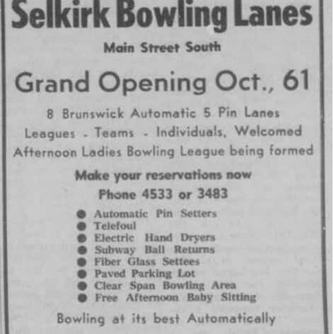 Now Under Construction Selkirk Bowling Lanes, 1961, Selkirk Enterprise Newspaper article saying the bowling lanes are now under construction and expected to be open October 1961