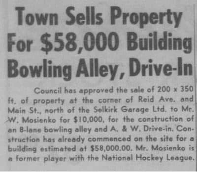 Newspaper article stating that the Town sold property for a Bowling Alley to be built on