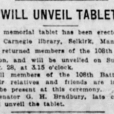 Will Unveil Tablet at the Carnegie Library, 1923, Winnipeg Tribune Memorial tablet made for the 108 battalion