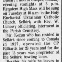George Kozun Obituary, 1975, Selkirk Enterprise Obituary for former Bowling Alley owner George Kozun
