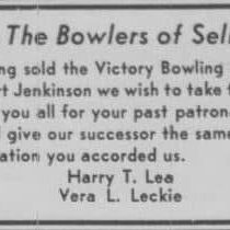 Thank You to Patrons, 1952, Selkirk Enterprise Thank You to Patrons from Harry T. Lea and Vera L. Leckie after they sold Victory Bowling Alley.