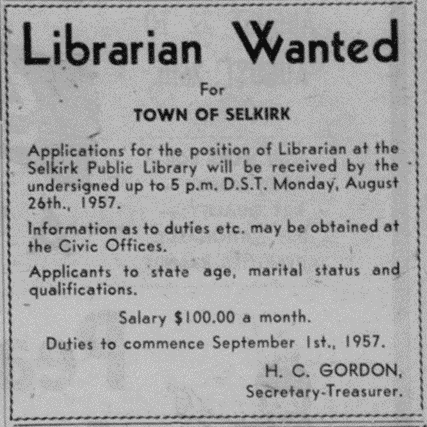 Librarian Wanted Ad, 1957, Selkirk Enterprise Advertisement for a librarian needed in Selkirk