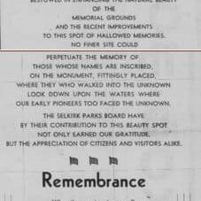 An appreciation article from the legion to the Selkirk Parks Board about the memorial