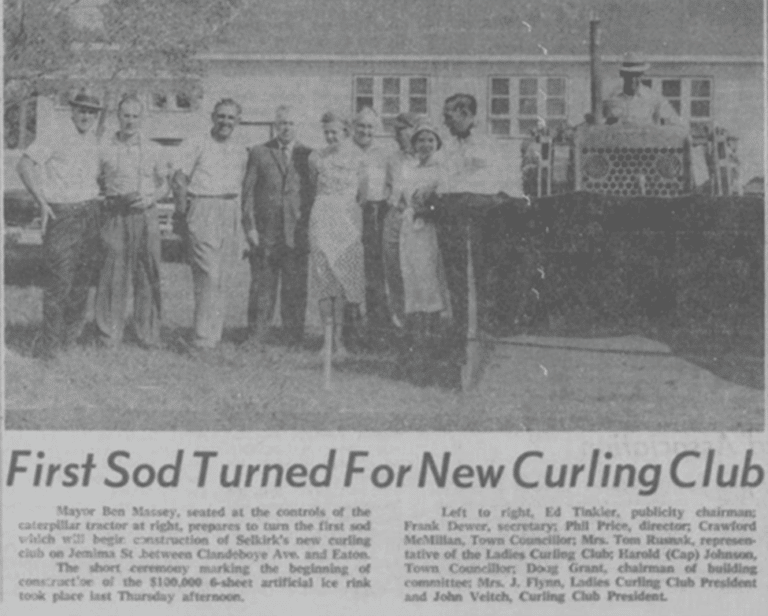 Newspaper article for sod turning event for the new curling rink.