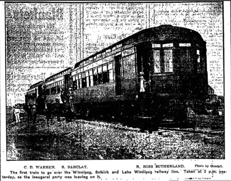 Picture of the first train to go over the Winnipeg, Selkirk and Lake Winnipeg Railway.