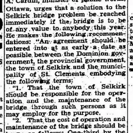 Thorson Urges Early Solution of Bridge Problem at Selkirk, 1936, Winnipeg Tribune Newspaper article titled Thorson urges early solution of bridge problem at Selkirk