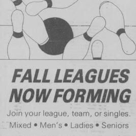 Selkirk Bowling Centre Fall Leagues Ad, 1989, Selkirk Journal Newspaper ad for Selkirk fall bowling leagues