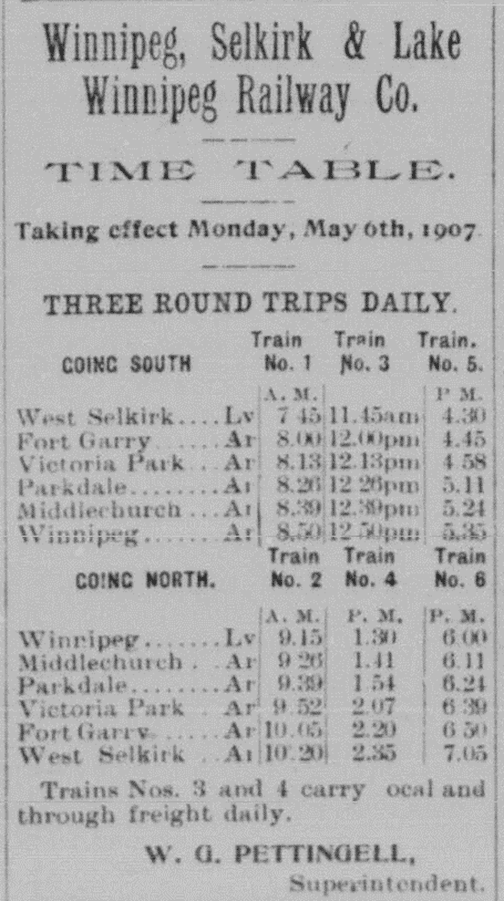 Time table for the train trips in Selkirk.