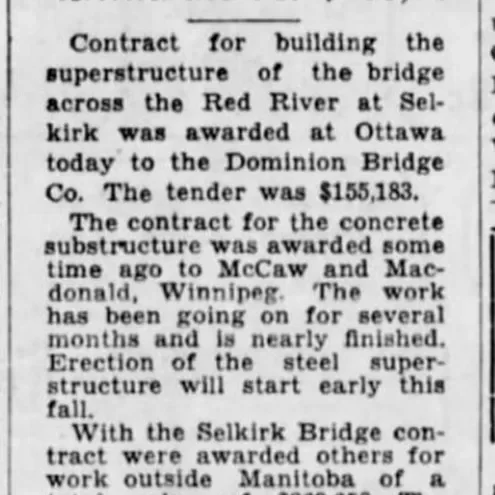 Selkirk Bridge Contract is Awarded for $155 183, 1935, Winnipeg Tribune Newspaper article titled Selkirk bridge contract is awarded for 155183$