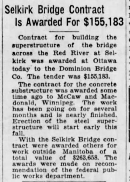 Newspaper article showing the dollar amount of the new Selkirk Lift Bridge.