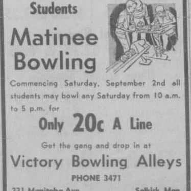 Students Matinee Bowling Ad, 1961, Selkirk Enterprise Ad for student matinee bowling at Victory Bowling Alleys