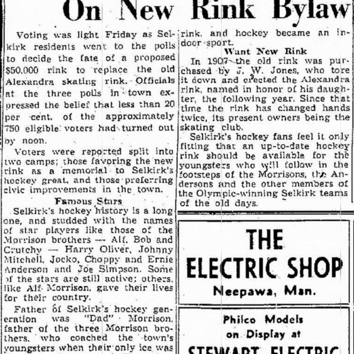 Selkirk Votes Today On New Rink Bylaw, 1948, Winnipeg Free Press Newspaper article on the vote on new rink to replace the Alexandra rink
