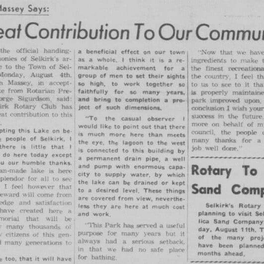 Great Contribution To Our Community, 1958, Selkirk Enterprise Newspaper article talking about great of an addition the Selkirk Pool is to the community.