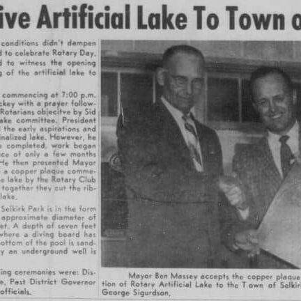 Rotary Give Artificial Lake To Town of Selkirk, 1958, Selkirk Enterprise Newspaper article explaining how the Rotary gave Selkirk an artificial lake (pool).