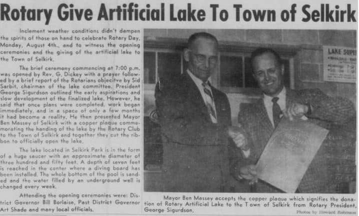 Newspaper article explaining how the Rotary gave Selkirk an artificial lake (pool).