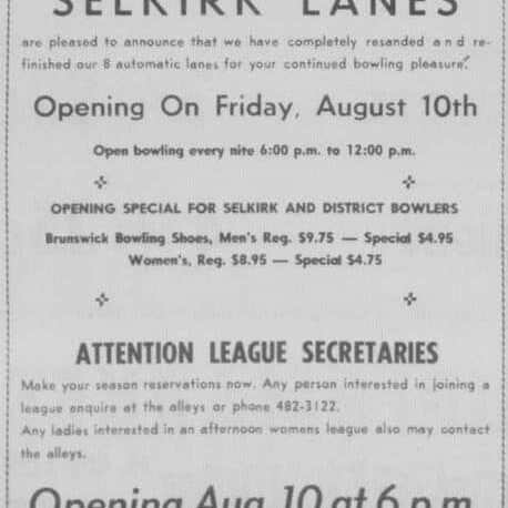 Selkirk Lanes Opening Announcement, 1962, Selkirk Enterprise Selkirk Lanes Ad for the Opening of their Facility