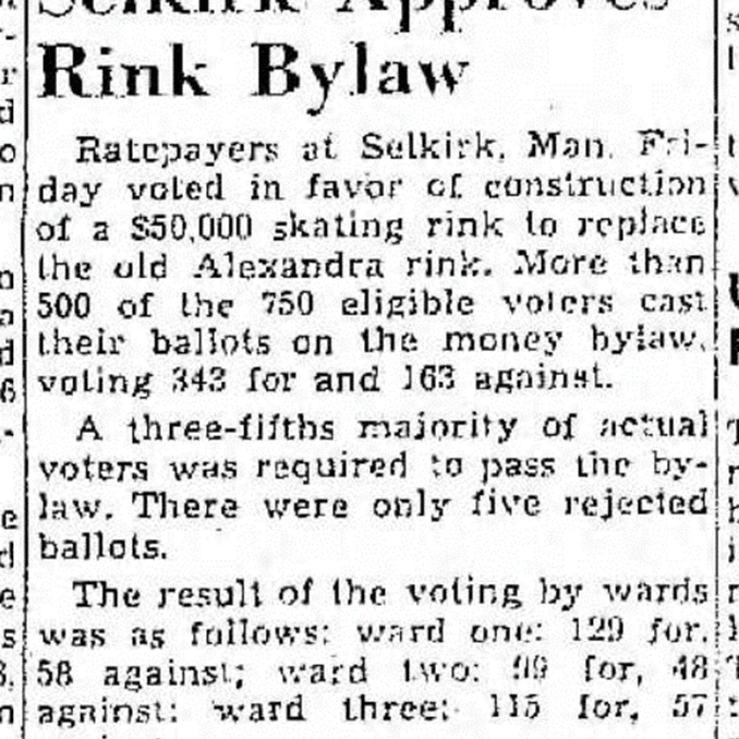 Selkirk Approves Rink Bylaw, 1948, Winnipeg Tribune Rink bylaw approved to replace the old rink