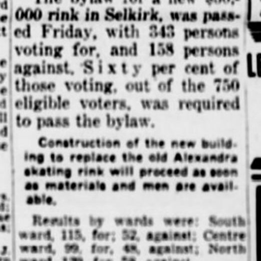 Voters Pass Rink By-Law At Selkirk, 1948, Winnipeg Tribune Voters pass new rink by-law 343 persons voting for, 158 persons against