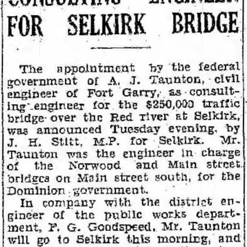 A. J. Taunton Named Consulting Engineer for Selkirk Bridge, 1934, Winnipeg Tribune Newspaper article titled A.J. Taunton named consulting engineer for Selkirk bridge