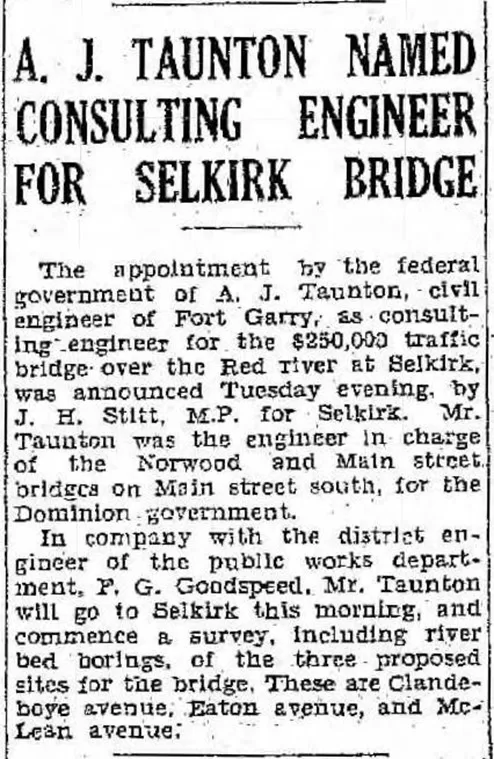 A. J. Taunton Named Consulting Engineer for Selkirk Bridge, 1934, Winnipeg Tribune