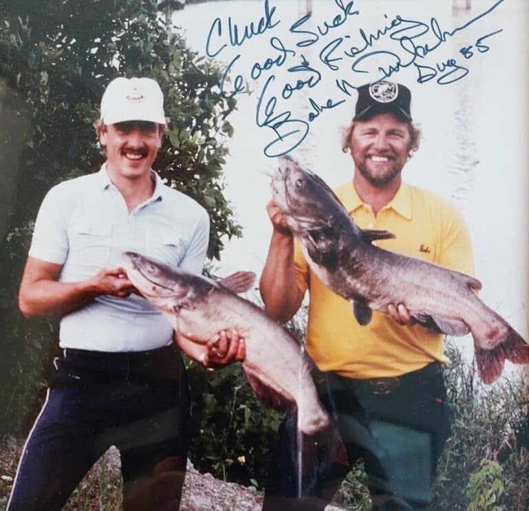 Chuck Norquay and Babe Winkelman with caption "Chuck, good luck, good fishing, Babe Winkelman, Aug 85"