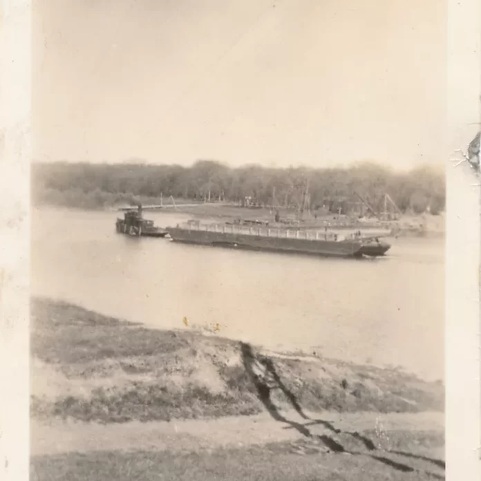 Barge Bringing Parts for Selkirk Bridge, 1935, Fraser Stewart Black and white picture of the barge bringing parts for the Selkirk bridge