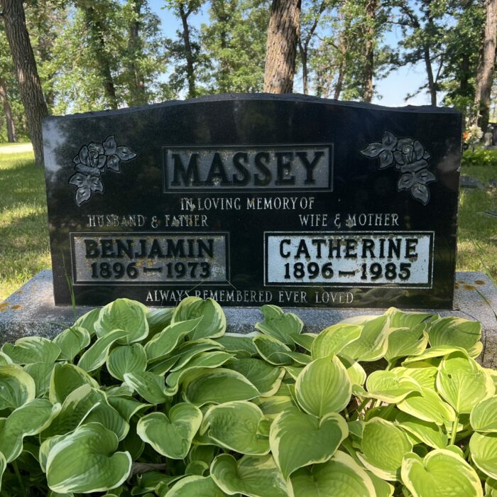 Benjamin Massey Gravestone, 2026, Selkirk Museum Collection Colour photo of a large black gravestone. The family name reads 'Massey' and there are hosta plants at the base